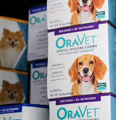 OraVet dental chews displayed for canine oral health support