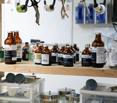 Veterinary medications and medical supplies organized in a treatment area
